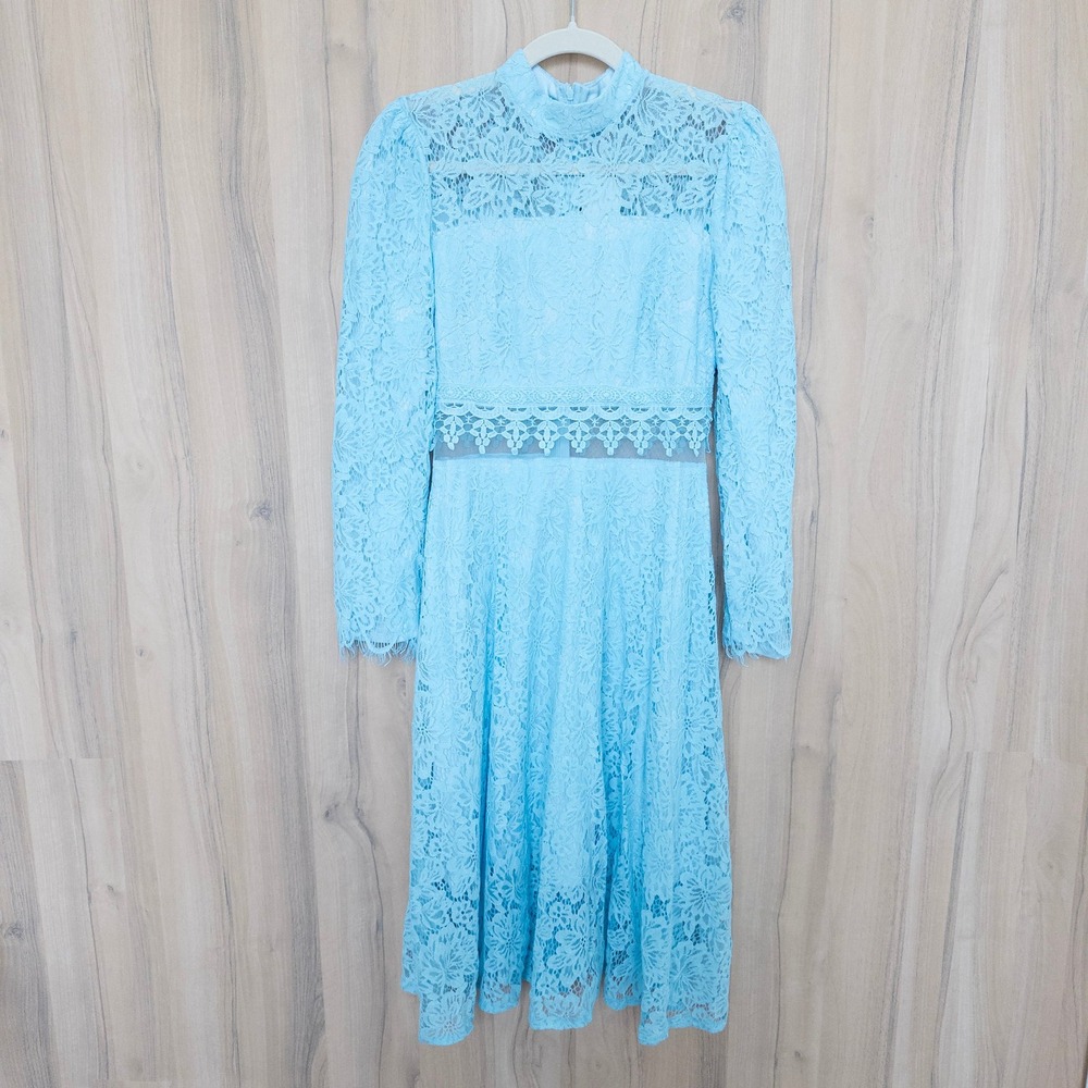 Lace Midi Dress M Blue Long‎ Sleeve Mock Neck Floral Cottage Victorian Romantic